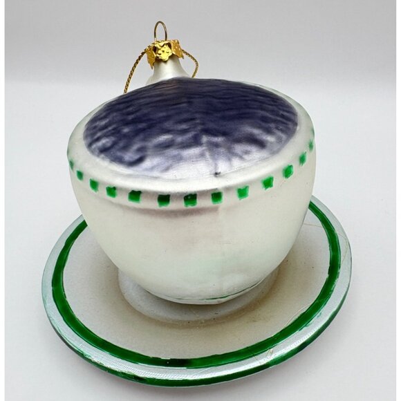 Vintage Espresso Cup Glass Christmas Tree Ornament with Saucer White Green Trim - Picture 8 of 9